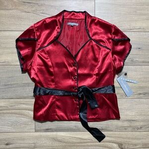 NY Collection Womens Button Up Belted Blouse Short Sleeve Lined Size Large Red‎